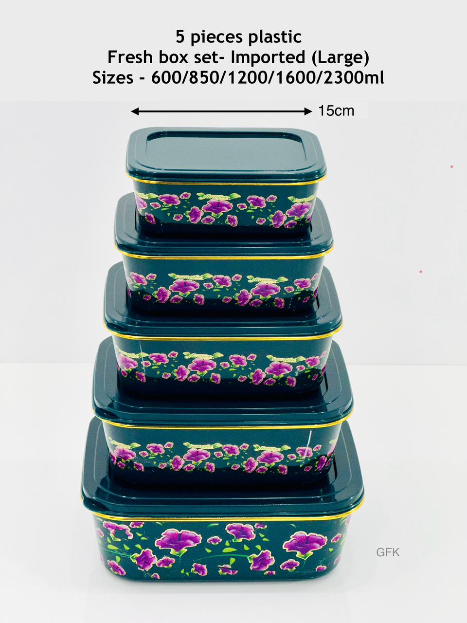 5 Pieces Plastic Fresh Box set - Imported (Large) Sizes  - 600/850/1200/1600/2300ml