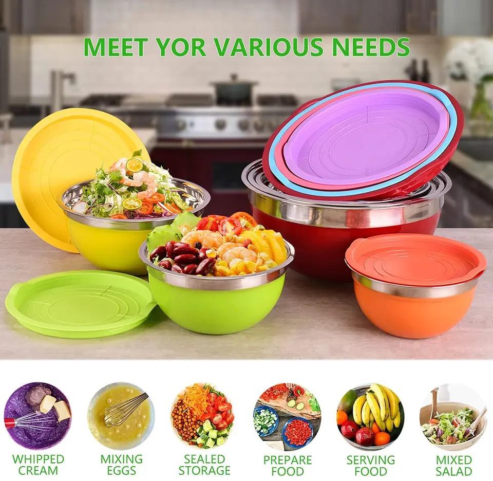 7 Pieces Stanless Steel Large Salad Bowl Set With Leakproof Lids Sizes - 18/20/ 22/24/26/28/30cm