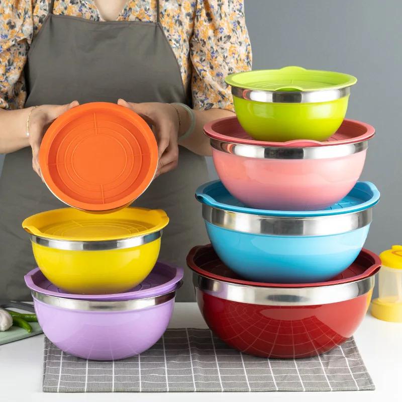 7 Pieces Stanless Steel Large Salad Bowl Set With Leakproof Lids Sizes - 18/20/ 22/24/26/28/30cm